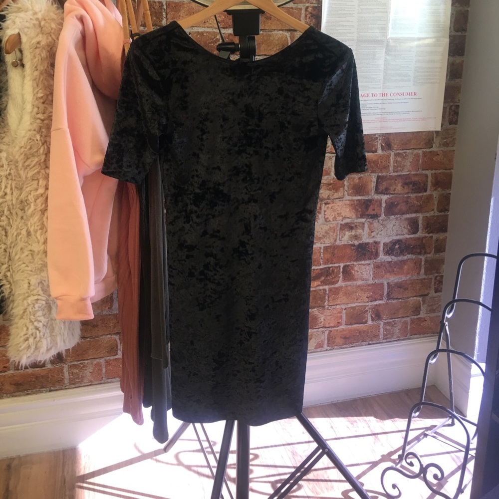 Crushed black velvet mini dress